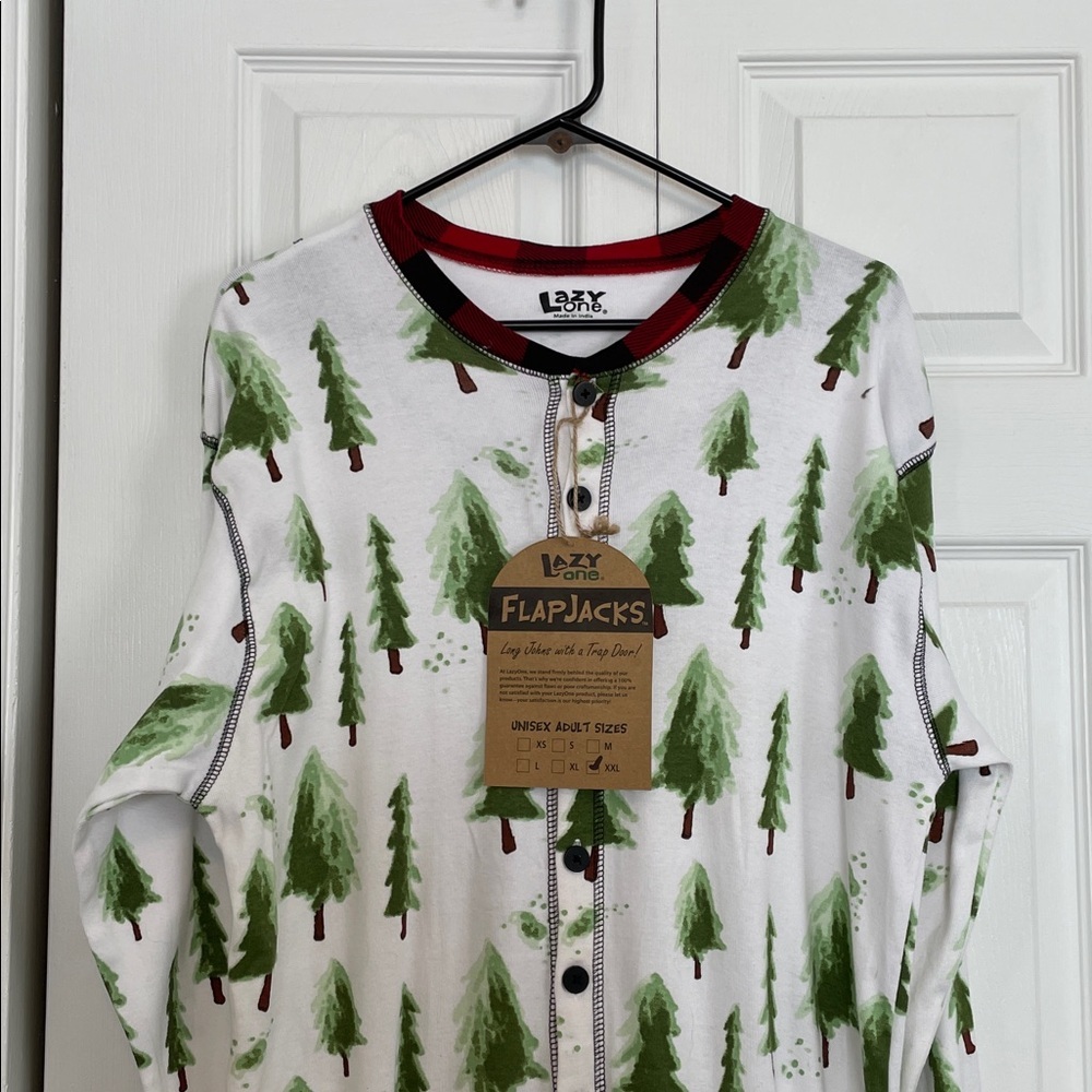 NWT XXL Lazy One Adult Pajamas White/Green Tree Pattern/red plaid cuff/trap door